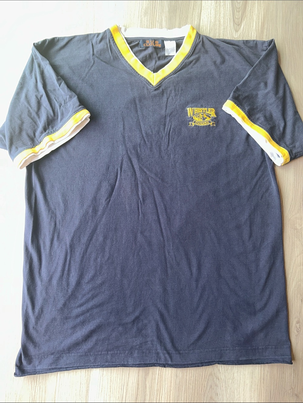 Sub Colture Vintage V-Neck Shirt L Navy-Yellow Trim Embroidered Logo Streetwear